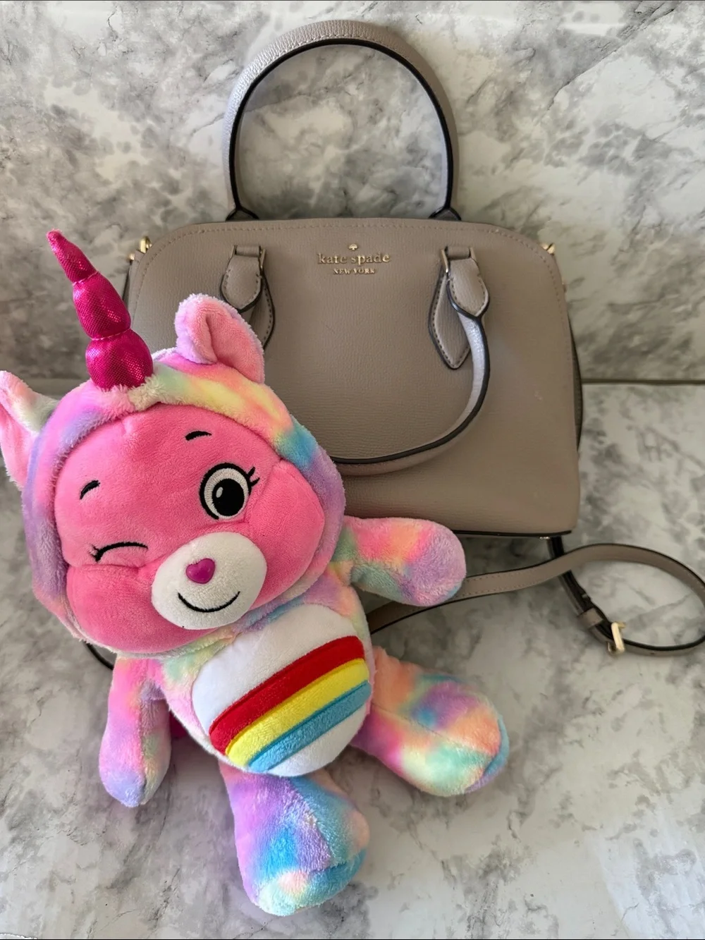 kate spade Taupe Leather Dome Satchel with Gold Hardware and care bear 🐻